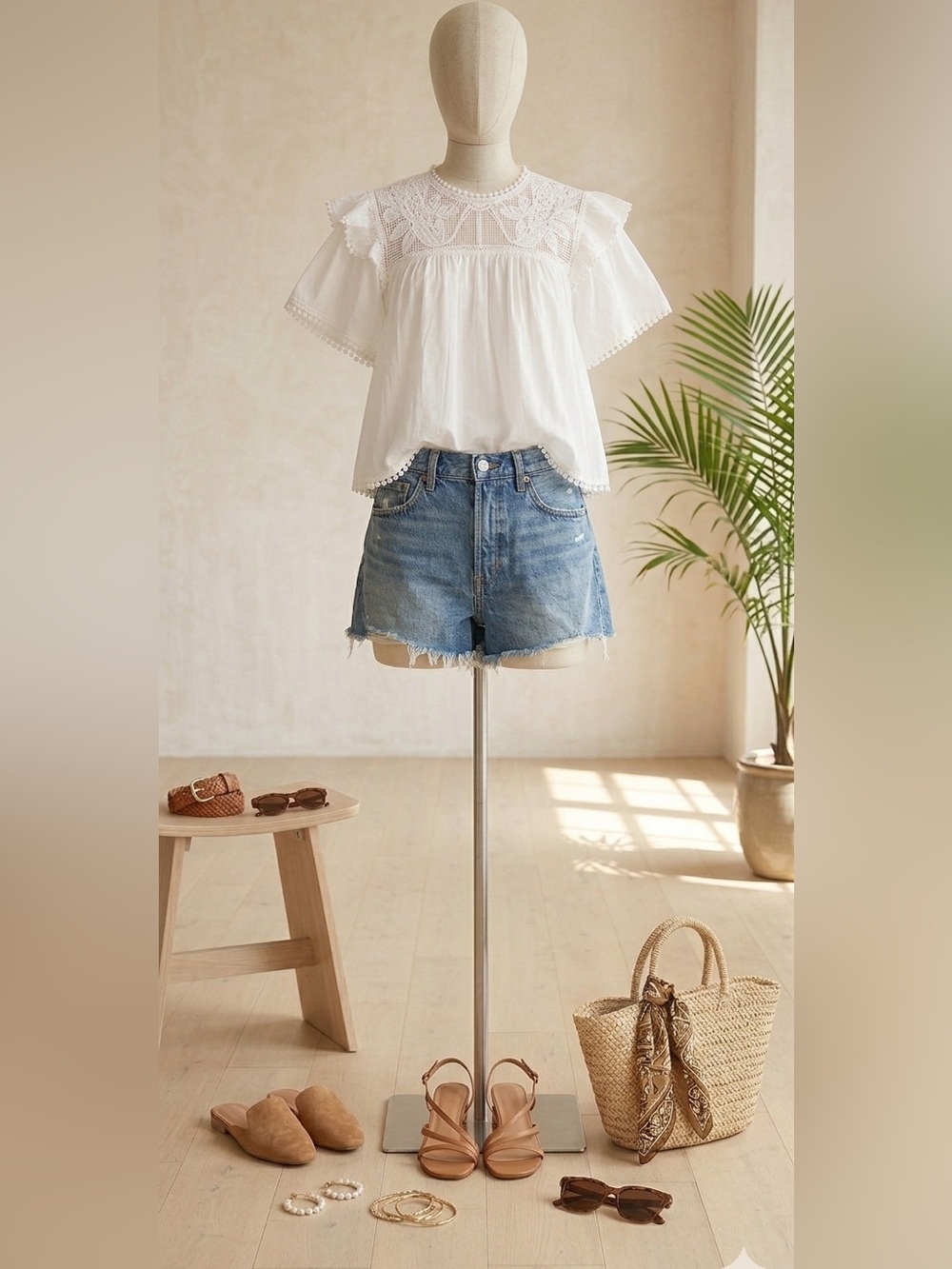 White Eyelet Ruffle Sleeve Blouse